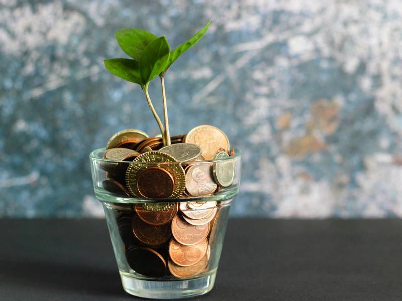 Image of a flower pot filled with money to indicate the cost savings of outsourcing janitorial services.