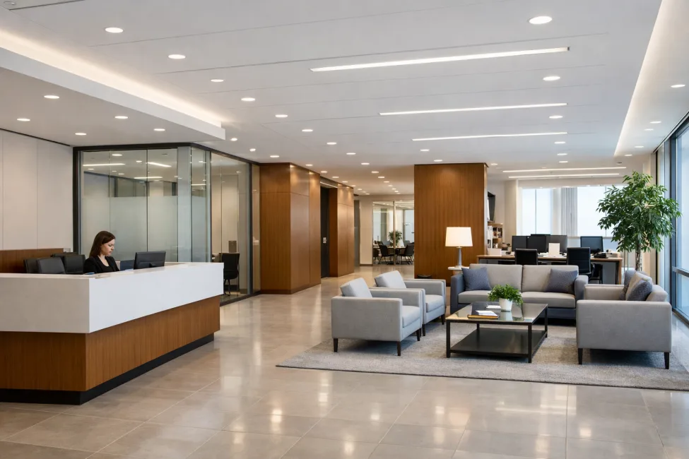 Clean professional office lobby maintained by Charlotte commercial cleaning services