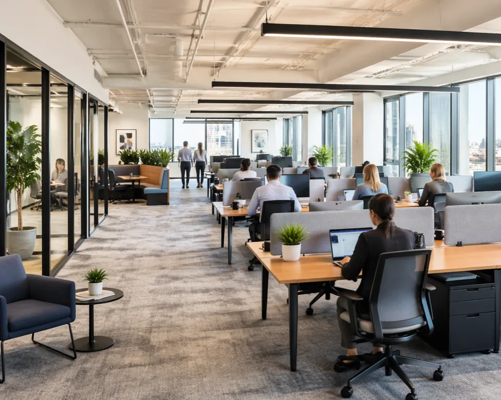 Clean open plan office space maintained by Charlotte commercial cleaning services