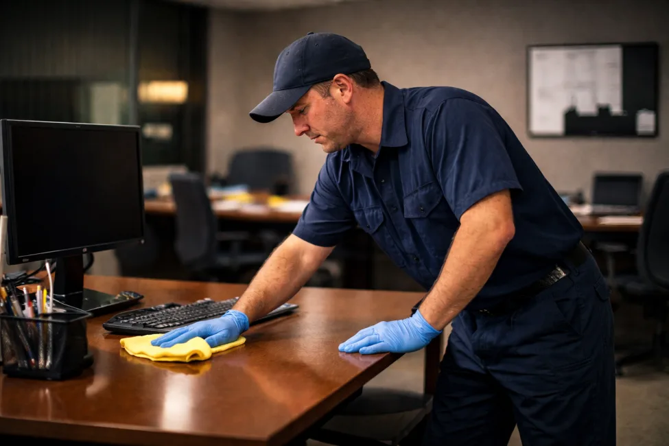 Professional janitorial staff cleaning office desk during after-hours service in Charlotte NC