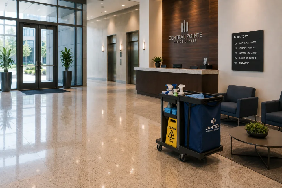 Multi-tenant office building cleaning service with janitorial cart in a clean Charlotte commercial lobby.