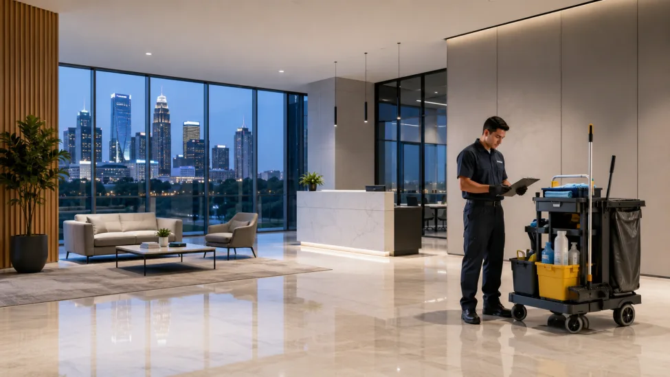 Professional commercial cleaner reviewing a checklist in a clean Charlotte office lobby, highlighting consistent janitorial service standards.