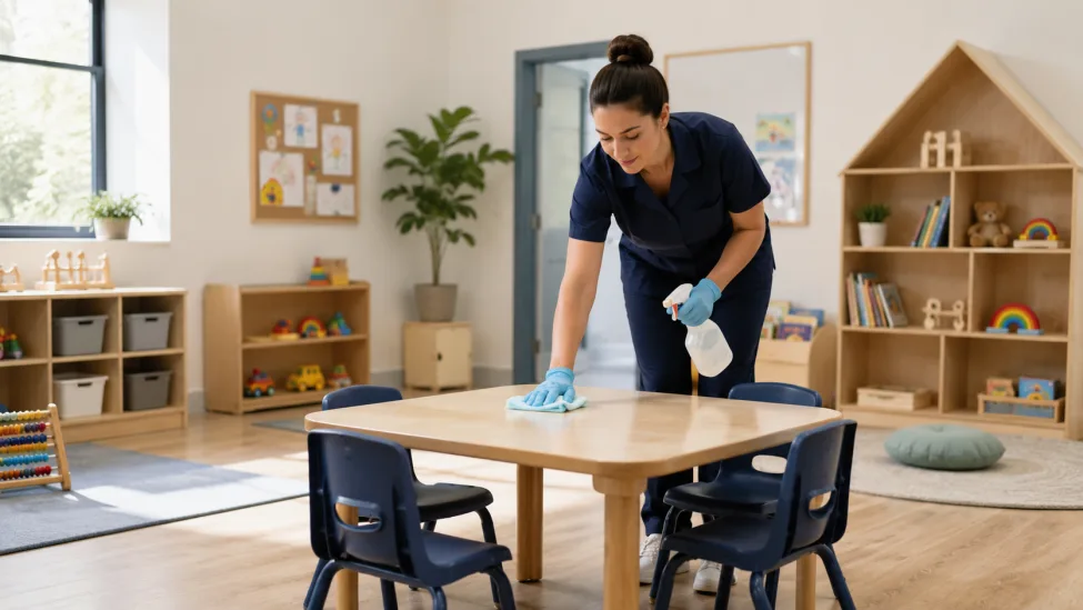 Daycare cleaning service professional disinfecting a classroom table in a Charlotte childcare facility.