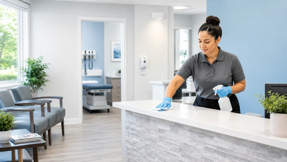 Medical office cleaner disinfecting a clinic reception counter in a clean Charlotte healthcare facility.