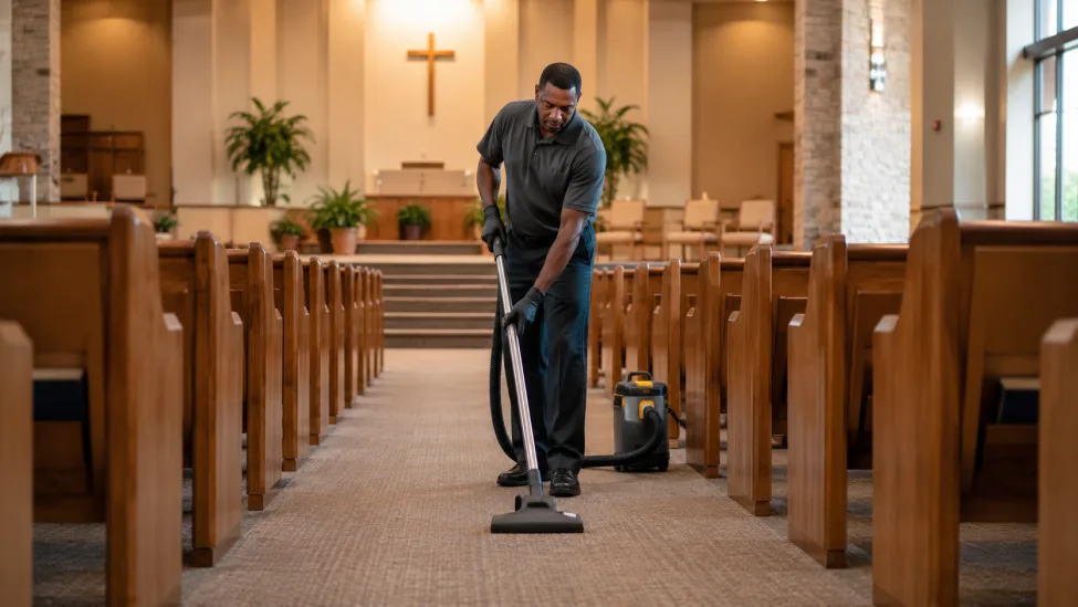Professional church cleaner vacuuming a sanctuary aisle for a Charlotte church cleaning service.
